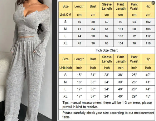 Women Pajama Set Long Sleeve Crop Top and Pants Sleepwear