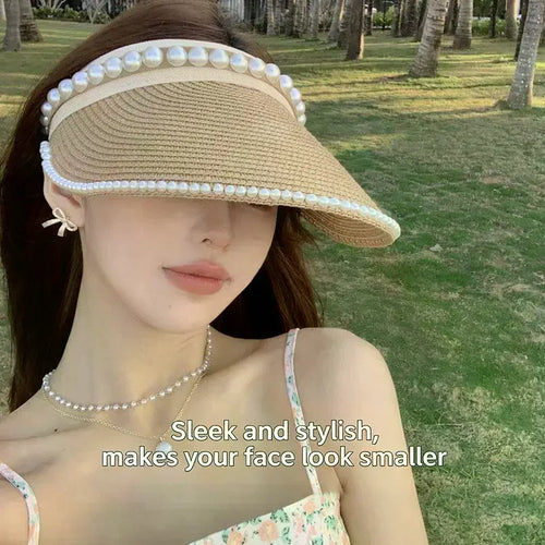 Chapeau de Soleil Raphia à large bord décoré de perles pour femmes, idéal pour l'été et la protection solaire.