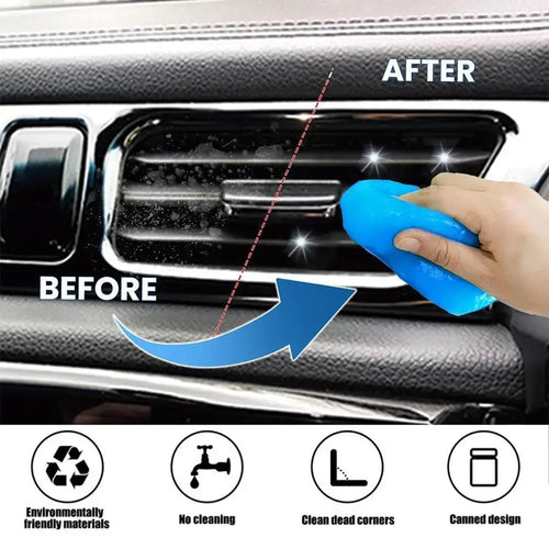 Avant et après l’utilisation du Gel Nettoyant Nano Universe sur les grilles d’aération de voiture, démontrant une élimination efficace de la poussière.