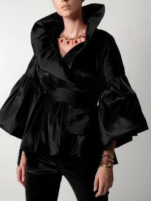Chemisier en satin vintage pour femme, manches pétales, col montant, forme de bourgeon, chemise rétro américaine, style cour, automne SUN N.