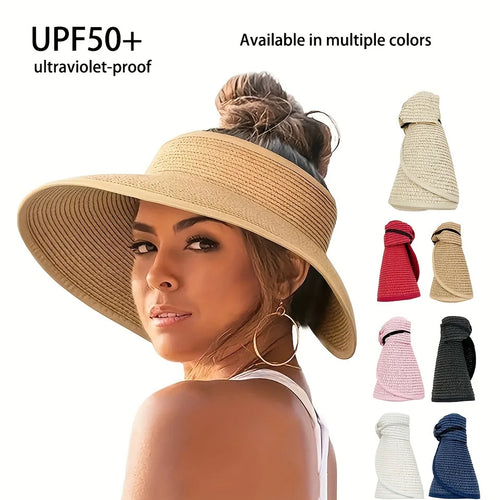 Chapeau Visière Femmes, casquette de soleil pliable pour randonnée en plein air, large bord, chapeaux de paille de plage, chape SUN N.