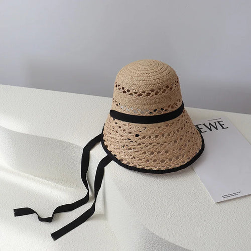 Chapeau de soleil en raphia véritable style français pour femme, à lacets, à large bord, ouverture arrière, respirant, pour l'extérieur et la plage, casquette SUN N.