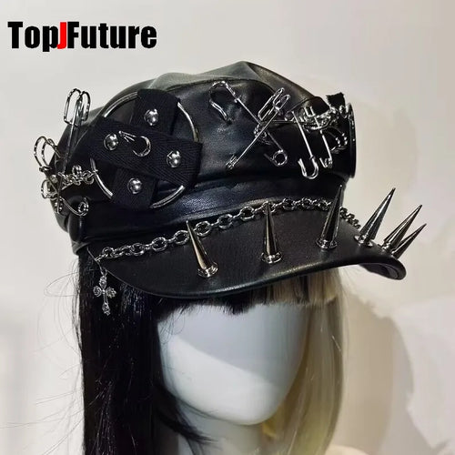 Béret Gothique Steampunk Riveté avec points métalliques et accessoires punk, au style Harajuku Y2K.