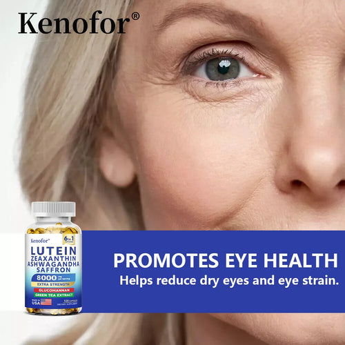 Supplément Lutéine & Zéaxanthine en capsules, enrichi en glucomannane et Ashwagandha pour la santé des yeux.