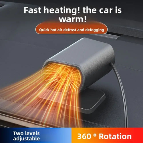Chauffage Voiture 12V avec support ventouse pour dégivrage et désembuage rapide sur le tableau de bord.