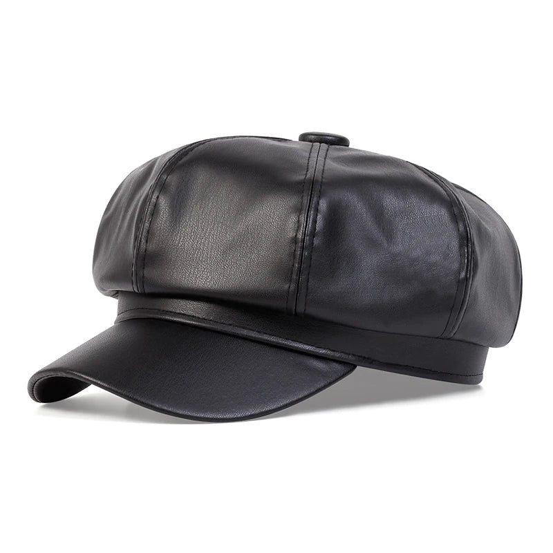 Casquette militaire octogonale en cuir PU - Chapeau unisexe à dessus plat - Casquette de cadet avec protection solaire pour homme et femme SUN N.
