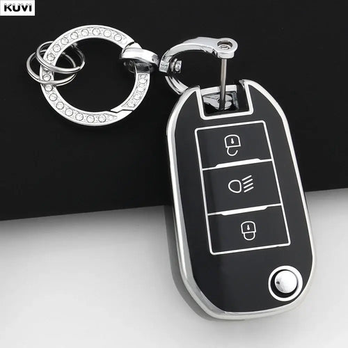 Coque Clé TPU Peugeot pour clé de voiture pliable avec design élégant en rose, offrant protection et style.