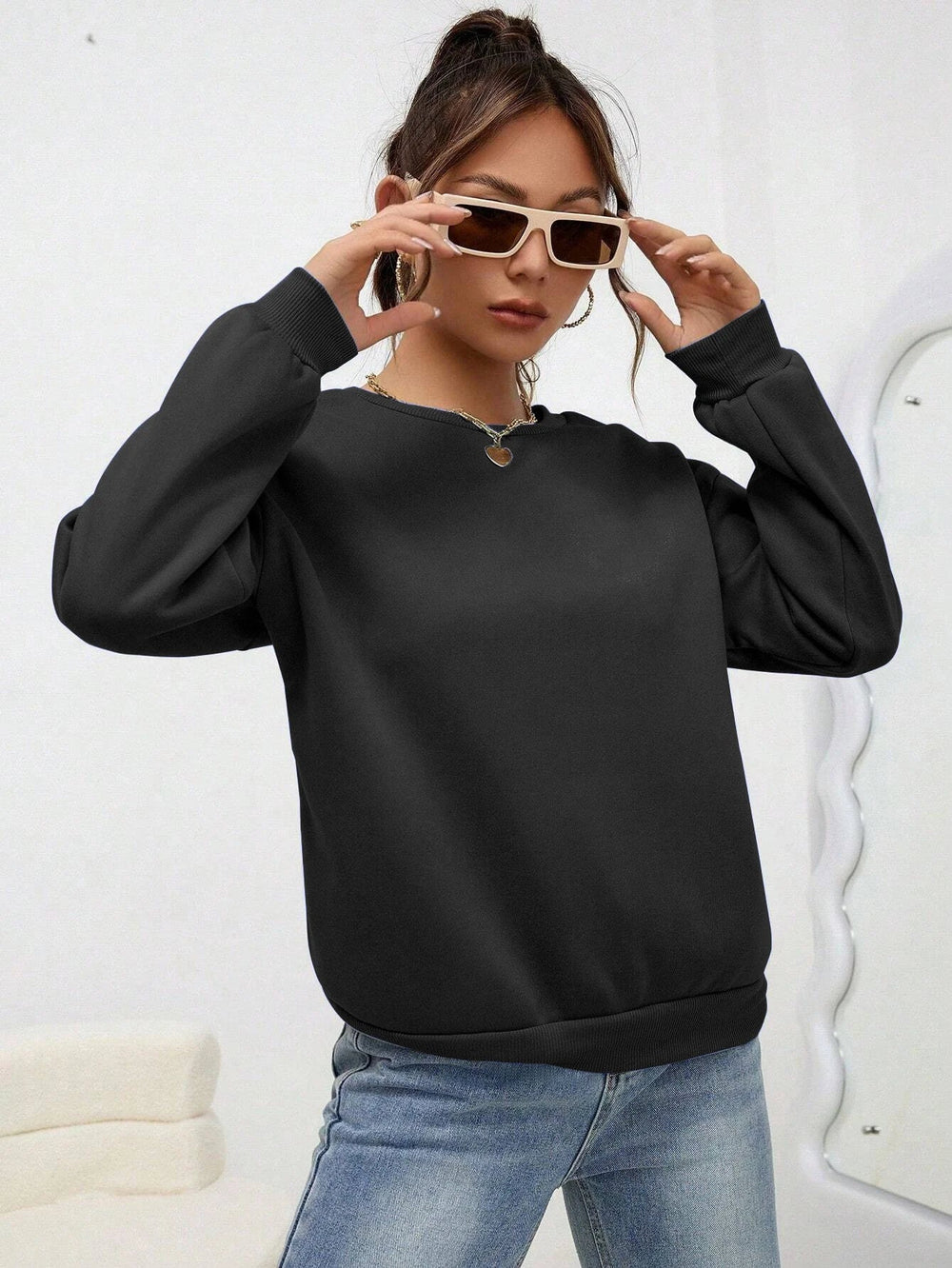 Sweat Femme Col Rond à Capuche - Pull-over Ample Couleur Unie Automne SUN N.