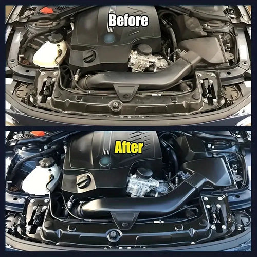 Comparative image showing 'Before' and 'After' results of using Nettoyeur de Compartiment Moteur for a clean engine bay.