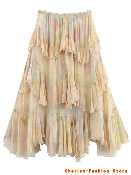 Jupe trapèze dentelle florale avec volants, design romantique, longueur mi-longue, en polyester fluide.