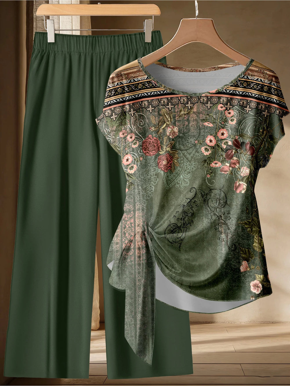 Ensemble 2 Pièces Été Femme – Haut Floral Torsadé & Pantalon Large Style Ethnique SUN N.
