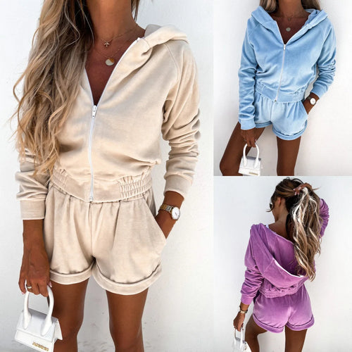 Ensemble pantalon de Style sport en velours pour femmes, couleur unie, Cardigan à capuche et short, ensemble deux pièces, mode décontractée, vêtements féminins, Streetwear SUN N.