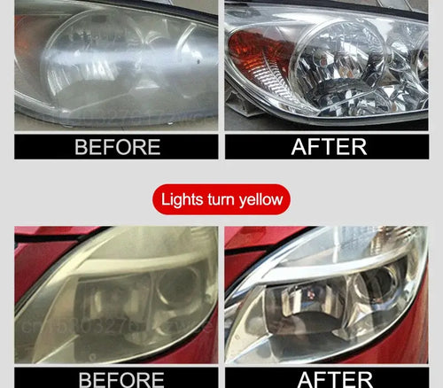 Comparative image of headlight restoration using Kit Restauration & Polissage Phares – Pâte Rénovatrice showing before and after results.