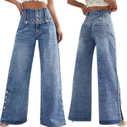 Jean Large Femme Taille Haute Pantalon en jean décontracté 2026 pour femme, taille haute, coupe large, style rétro urbain, polyvalent, avec boutons et fentes, tendance SUN N.