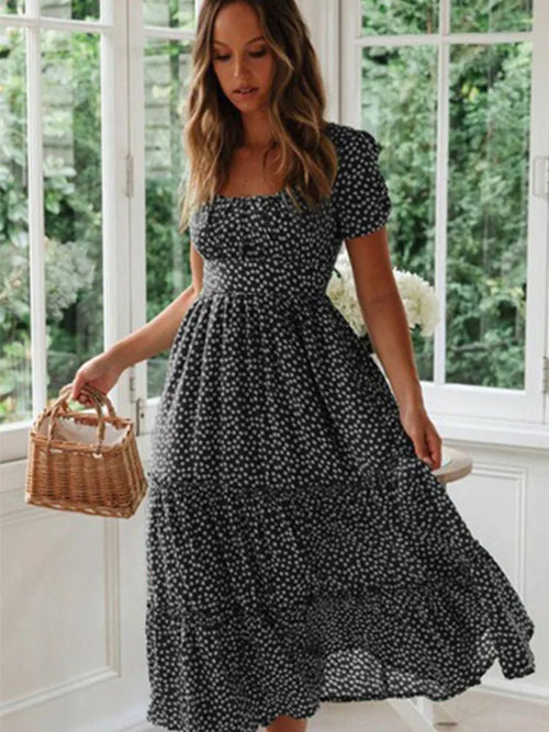 Robes Vintage Vintage imprimé manches bouffantes été plage robes douces décontracté col carré floral maxi longue robe festa SUN N.