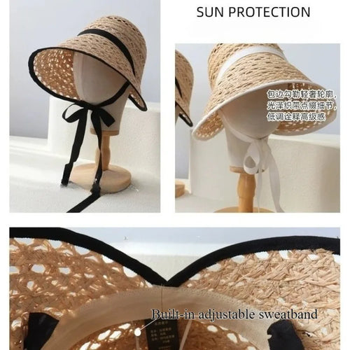 Chapeau de soleil en raphia véritable style français pour femme, à lacets, à large bord, ouverture arrière, respirant, pour l'extérieur et la plage, casquette SUN N.