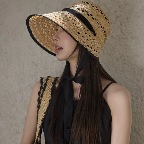 Chapeau de soleil en raphia véritable style français pour femme, à lacets, à large bord, ouverture arrière, respirant, pour l'extérieur et la plage, casquette SUN N.