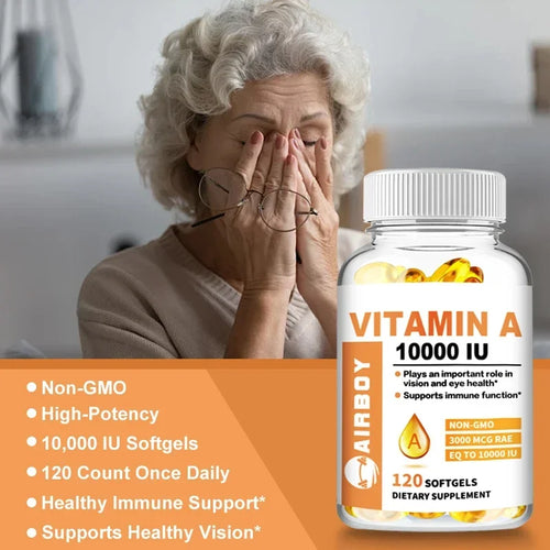 Vitamine A 10 000 UI dietary supplement bottle with non-GMO, gluten-free, and dairy-free labels.