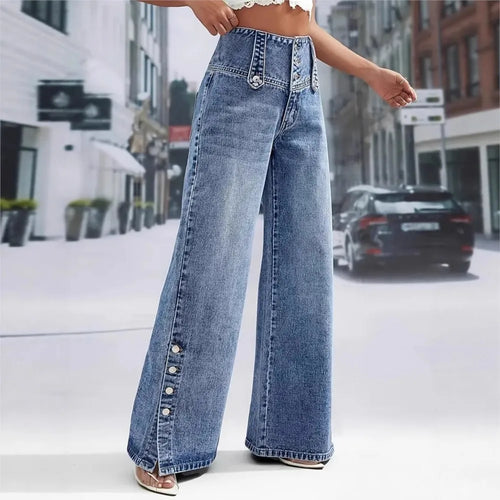 Jean Large Femme Taille Haute Pantalon en jean décontracté 2026 pour femme, taille haute, coupe large, style rétro urbain, polyvalent, avec boutons et fentes, tendance SUN N.