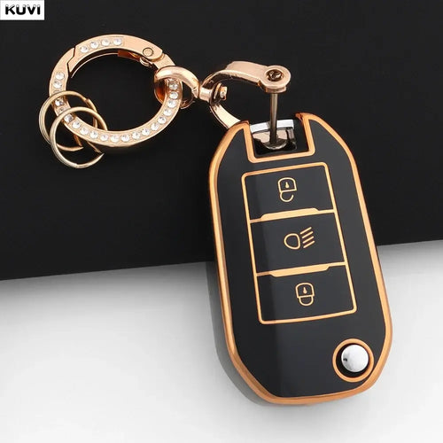 Coque Clé TPU Peugeot pour clé de voiture pliable avec design élégant en rose, offrant protection et style.