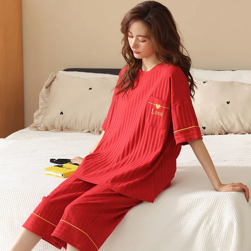Animal Panda Women Pajamas Sets Summer Knit Cotton Sleepwear Short Sleeve Cropped Trousers Pyjamas Female Home Suit M-5XL SUN N.