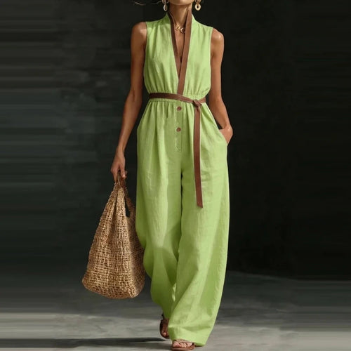 Combinaison longue femme – Col V, coupe ample, poches & taille élastique SUN N.