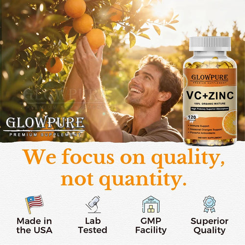 Complément Vitamine C & Zinc - Flacon de supplément avec un homme souriant au milieu des oranges.