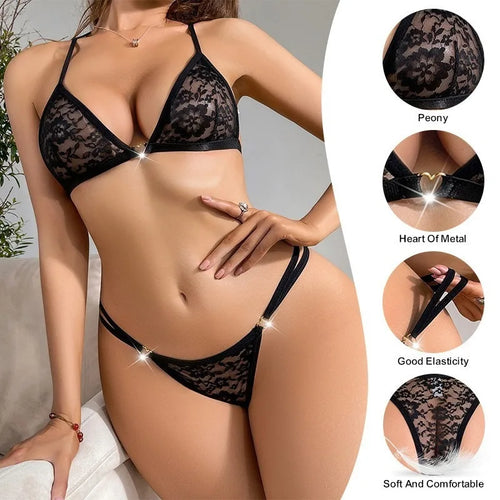 Ensemble Lingerie Dentelle Femme – Soutien Gorge & Culotte en dentelle noire sexy, avec détails scintillants.