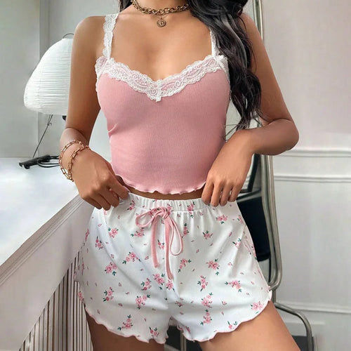 Women Pajama Set Lace Patchwork V-Neck Sleepwear Sexy Female Nighties Suit Cami Top Printed Shorts Soft Pyjamas Loungewear 2psc SUN N.