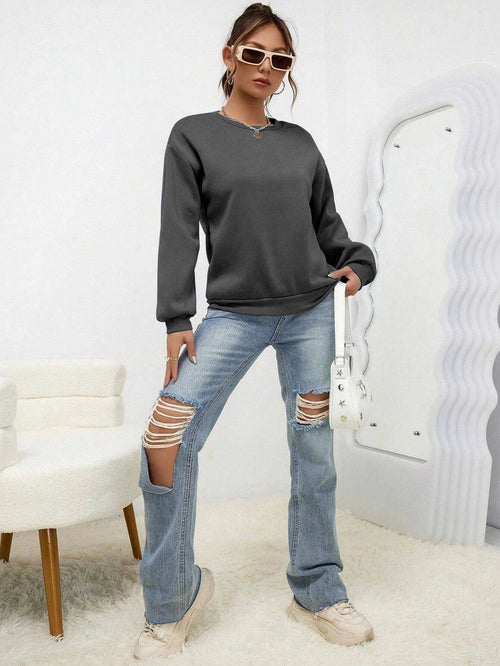 Sweat Femme Col Rond à Capuche - Pull-over Ample Couleur Unie Automne SUN N.