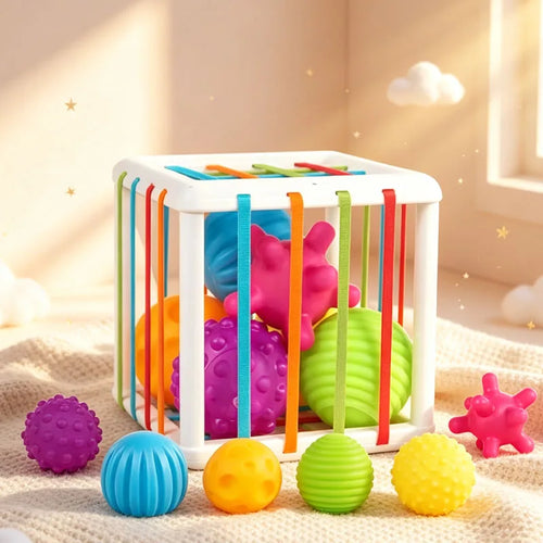 Jouet Montessori Sensoriel avec blocs colorés et sphères texturées pour éveil des bébés.