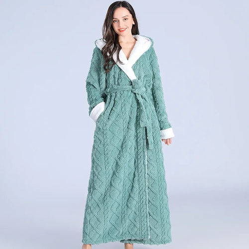 Loose Long Thick Bath Robe Hooded Winter Thick Women Bathrobe Flannel Terry Warm Comfortable Sleepwear for Female Dressing Gown SUN N.