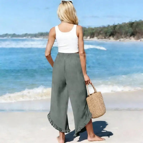 Pantalon Lin Femme   Lino para Mujer recadrée Pantalon en lin femmes été décontracté smocké taille élastique Pantalon à volants avec SUN N.