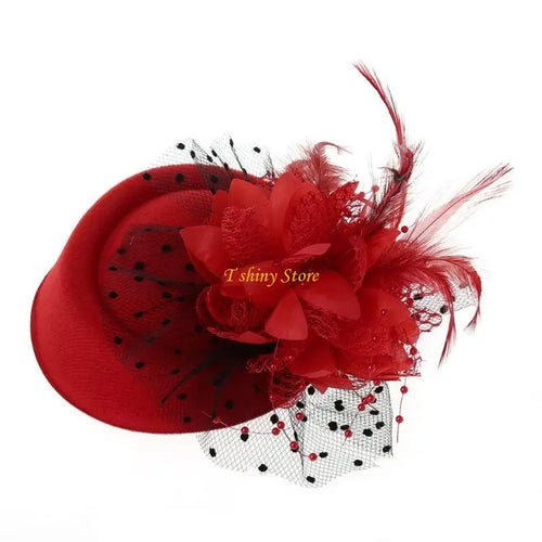 Fascinator Femme à Voile : Fascinator pour femme, chapeau de cocktail, chapeau de fête, coiffe de mariage ou d'église avec voile, fleur et plume SUN N.