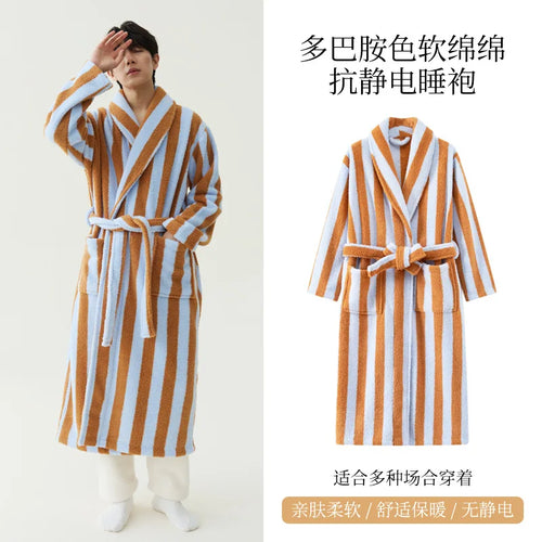 2025 nouveau automne/hiver femmes vêtements de nuit épais velours chaud Robe Couple corail velours rayé allongé maison vêtements peignoir SUN N.