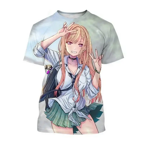 T-shirt anime graphique 3D featuring a cheerful character making peace signs with vibrant colors.