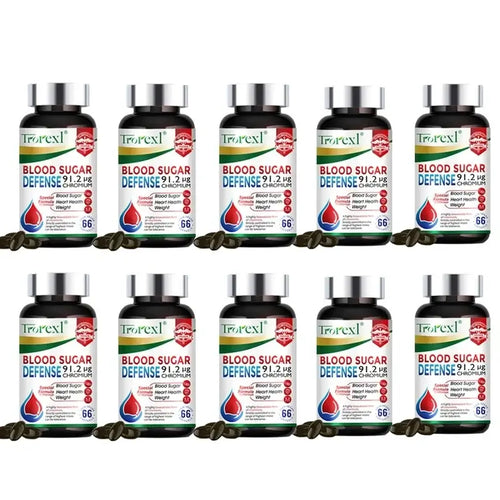 Capsules Soutien de la Glycémie - Métabolisme du Sucre, Trorexil Blood Sugar Defense bottles with capsules.