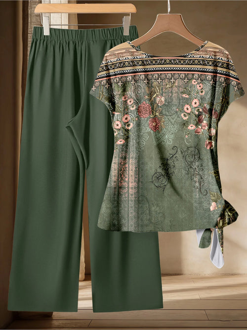 Ensemble 2 Pièces Été Femme – Haut Floral Torsadé & Pantalon Large Style Ethnique SUN N.