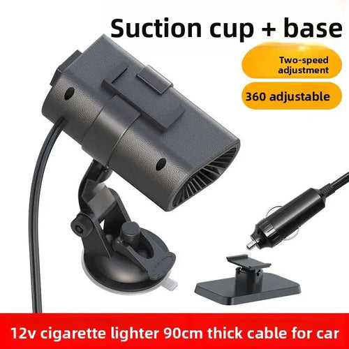 Chauffage Voiture 12V avec support ventouse pour dégivrage et désembuage rapide sur le tableau de bord.