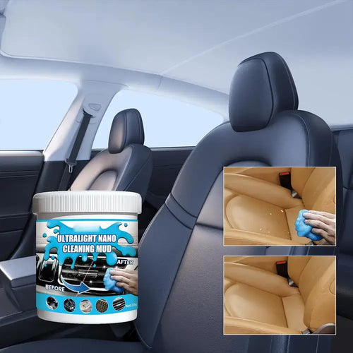 Avant et après l’utilisation du Gel Nettoyant Nano Universe sur les grilles d’aération de voiture, démontrant une élimination efficace de la poussière.