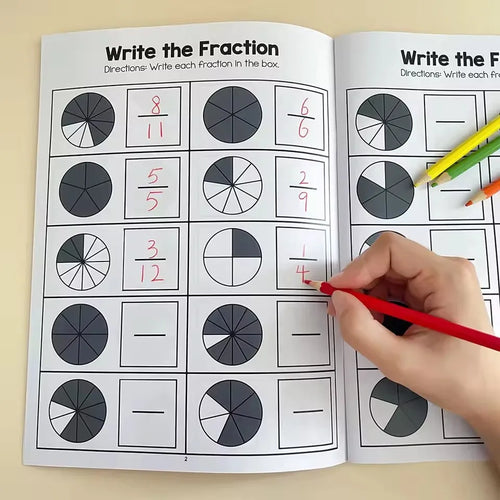 Cahier d'exercices de Fractions Montessori, outils pédagogiques pour l'apprentissage de l'arithmétique, livre de Test de formation cognitive des mathématiques pour l'école primaire de la 1re à 2e année SUN N.