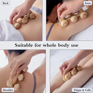 Rouleau de massage en bois - Masseur manuel pour cou, jambes, dos - Outil de massage des tissus profonds et muscles SUN N.