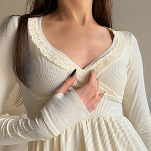 Long Sleeve Lace Wrap Blouse Women Elegant Streetwear Top