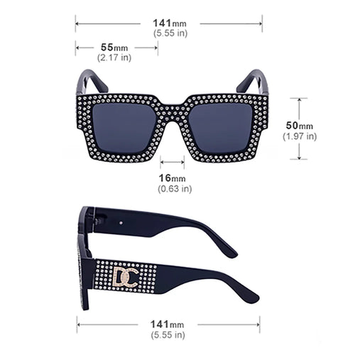 Lunettes de soleil carrées vintage femme avec design orné de strass et protection UV400.