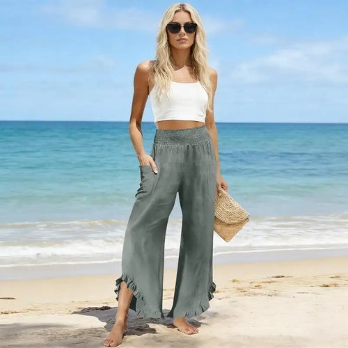 Pantalon Lin Femme  Lino para Mujer recadrée Pantalon en lin femmes été décontracté smocké taille élastique Pantalon à volants avec SUN N.