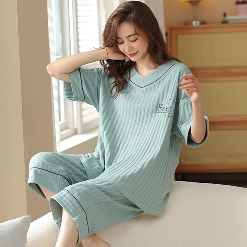 Animal Panda Women Pajamas Sets Summer Knit Cotton Sleepwear Short Sleeve Cropped Trousers Pyjamas Female Home Suit M-5XL SUN N.