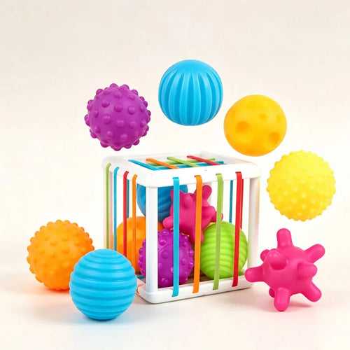 Jouet Montessori Sensoriel avec blocs colorés et sphères texturées pour éveil des bébés.