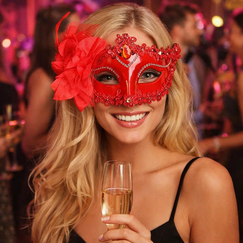 Masque de mascarade fleurs & strass porté par une femme avec des décorations florales et strass, parfait pour une soirée.
