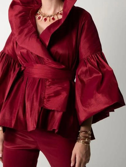 Chemisier en satin vintage pour femme, manches pétales, col montant, forme de bourgeon, chemise rétro américaine, style cour, automne SUN N.