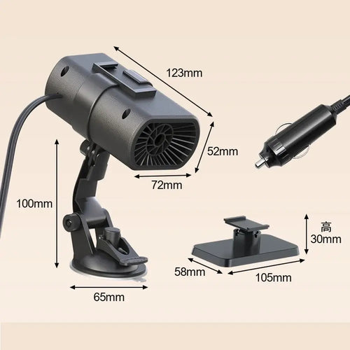 Chauffage Voiture 12V avec support ventouse pour dégivrage et désembuage rapide sur le tableau de bord.
